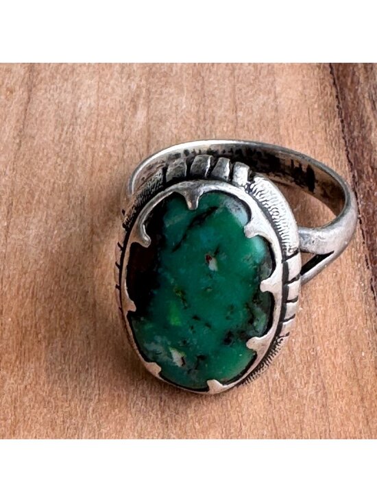 Sterling Silver Jewelry - Sterling Silver Green Turquoise Ring Size 7 Oval Nugget Stone Southwest Style